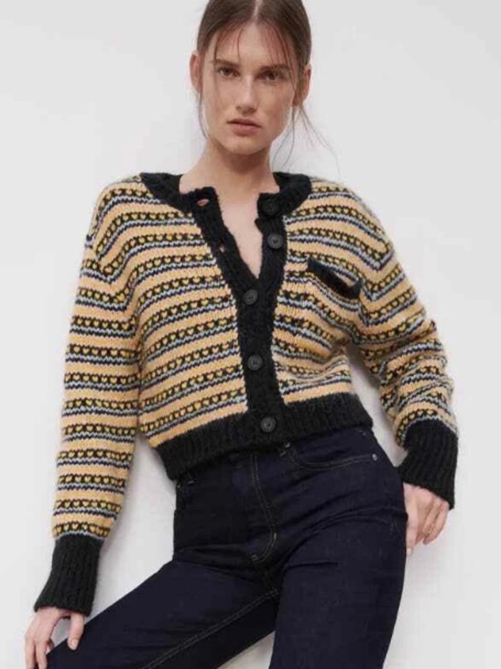 Zara Striped Button-Front Cardigan – Yellow & Black. Size S
